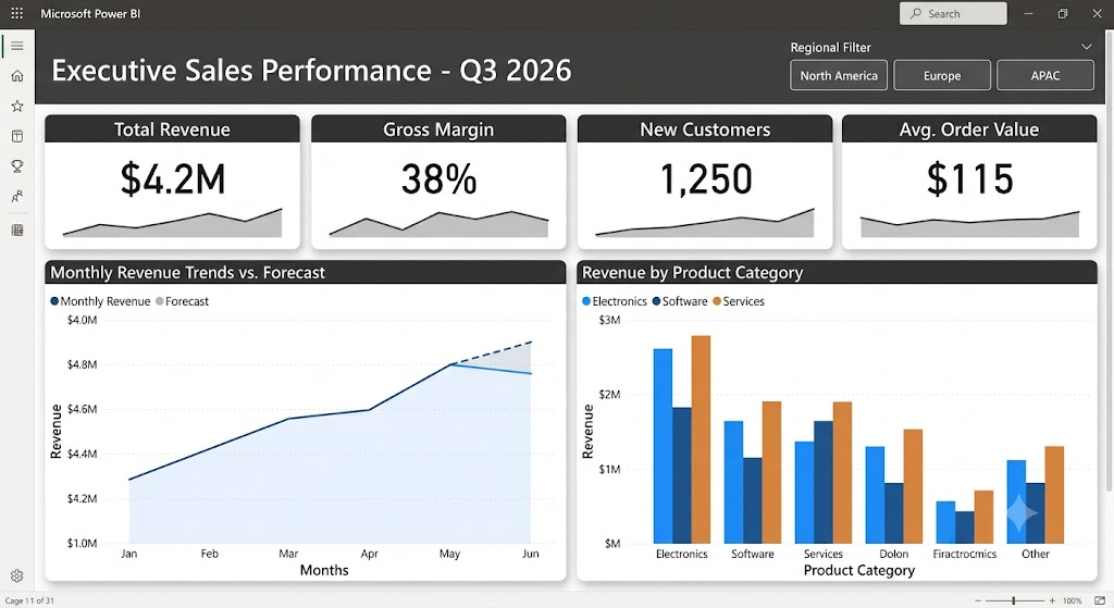 Example of a professional Power BI data analyst portfolio dashboard showing key performance metrics.