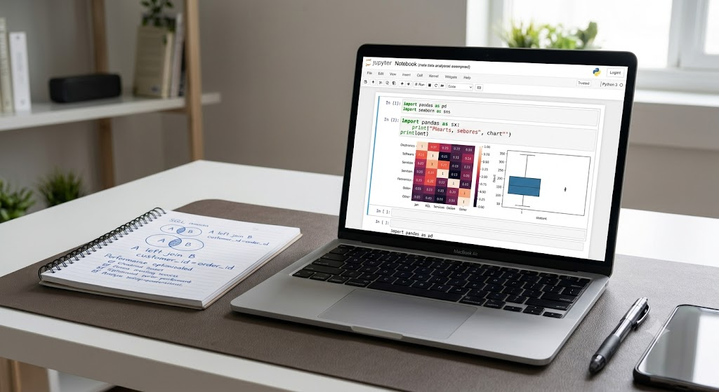Data analytics self-study workspace featuring Python data analysis in Jupyter Notebook and SQL notes.