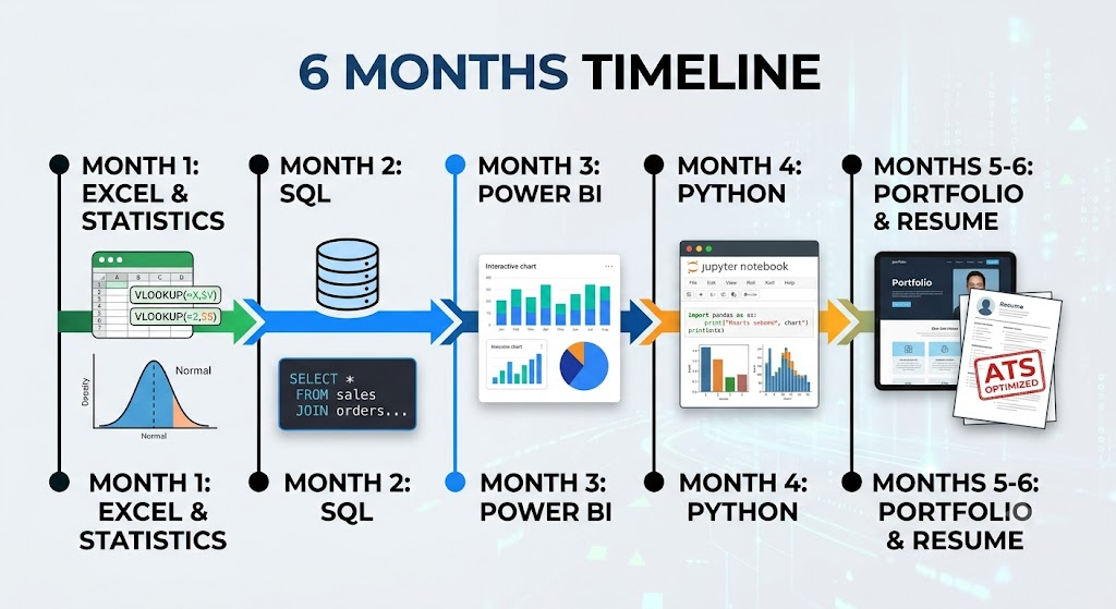 6-month self-taught data analyst roadmap infographic showing learning milestones from Excel to Portfolio projects.