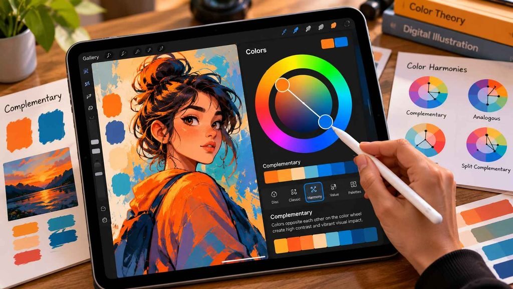Digital color wheel interface displaying complementary color harmony selections inside an iPad illustration application