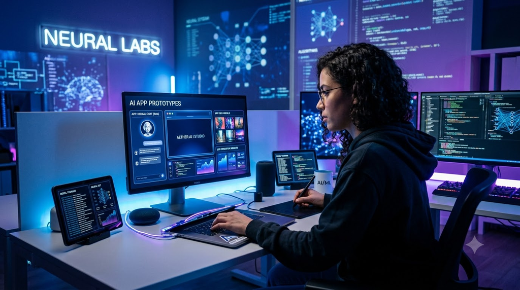 Modern AI developer working on a laptop with multiple AI-generated app prototypes